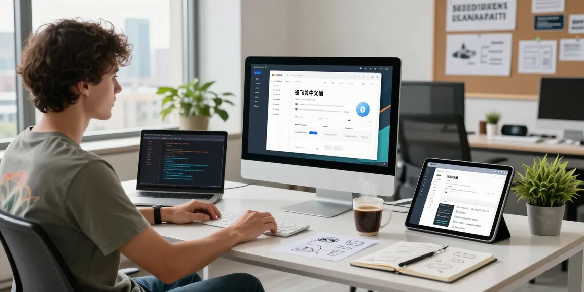 Innovative digital workspace with 纸飞机中文版 app interface displayed on monitor, emphasizing modern tech communication.