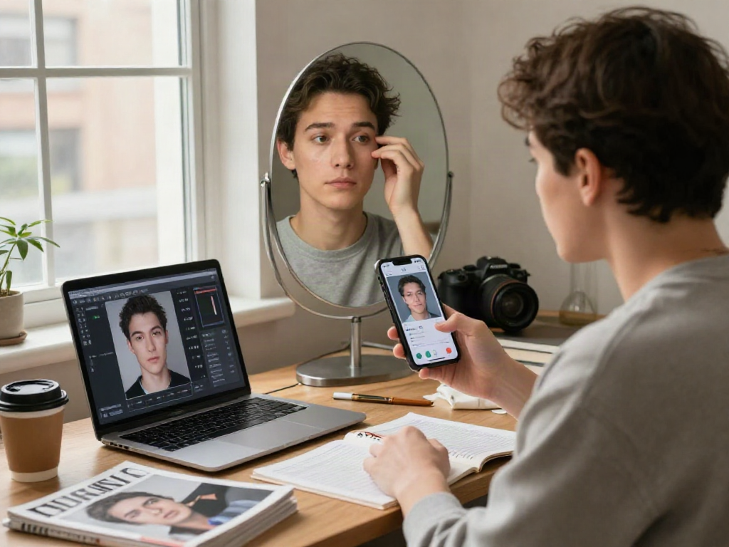 How old do I look? Young adult exploring age estimation technology in an urban setting.
