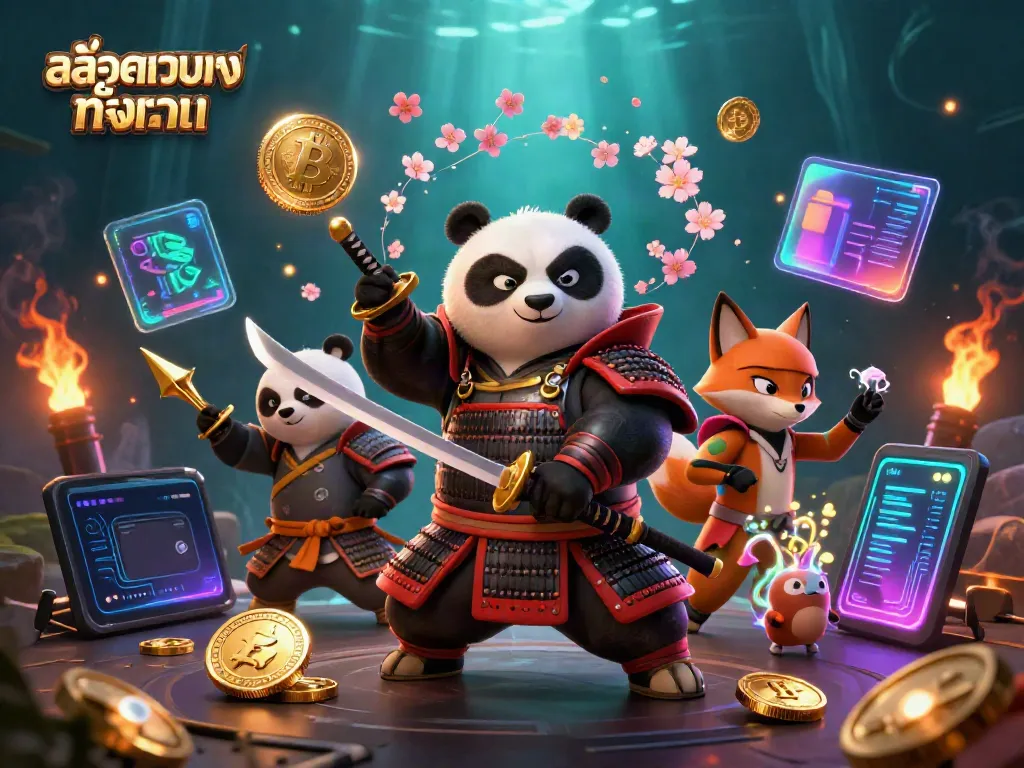 Engage with สล็อตเว็บตรงทั้งหมด through a dynamic scene featuring a samurai panda and fox in a casino-themed atmosphere.