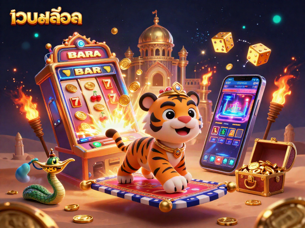 Experience เว็บสล็อต action with jackpot excitement featuring a dynamic tiger sultan and slot machines.