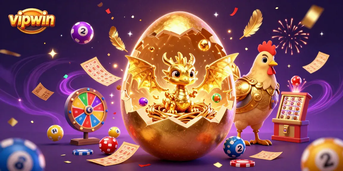 Experience thrilling wins with vipwin as a golden dragon emerges from a cracking egg amidst vibrant casino elements.