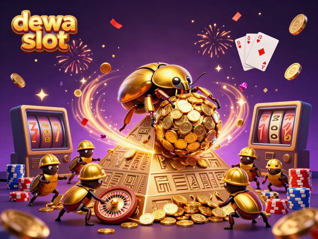 Permainan dewa slot yang menarik dengan karakter unik, simbol kasino, dan koin emas mengalir.