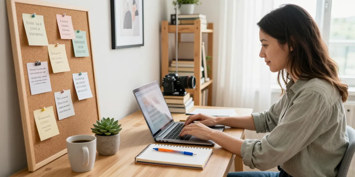 Creating quality and authority blogs in a cozy home office with natural light and motivational decor.