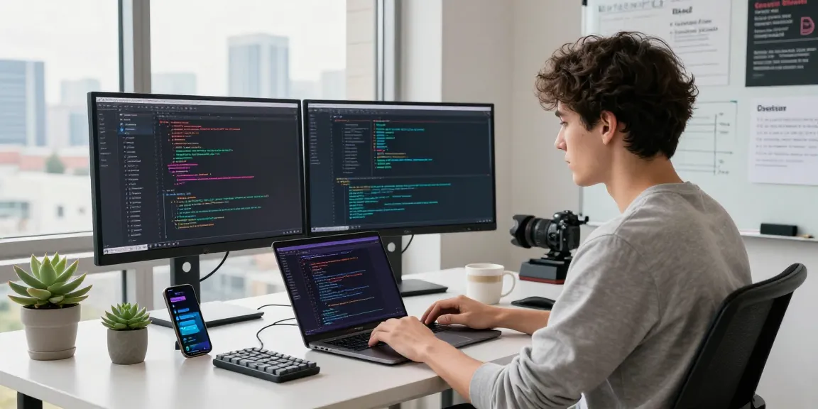 Dynamic coding scene featuring a developer with dual monitors coding in 纸飞机中文版 app setup.