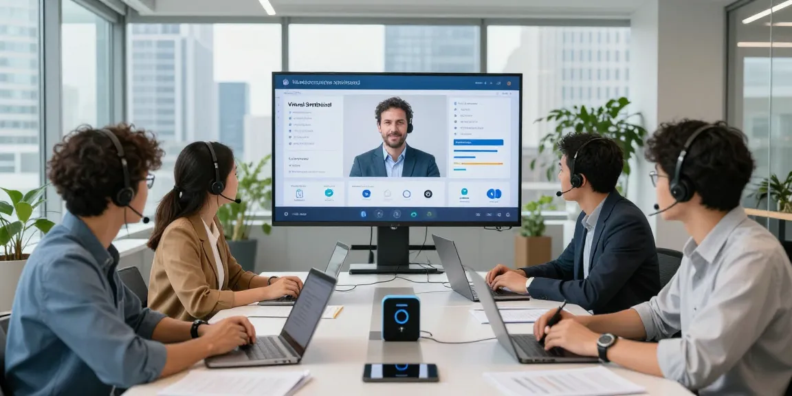 Virtual switchboard solution discussion in a modern office setting.