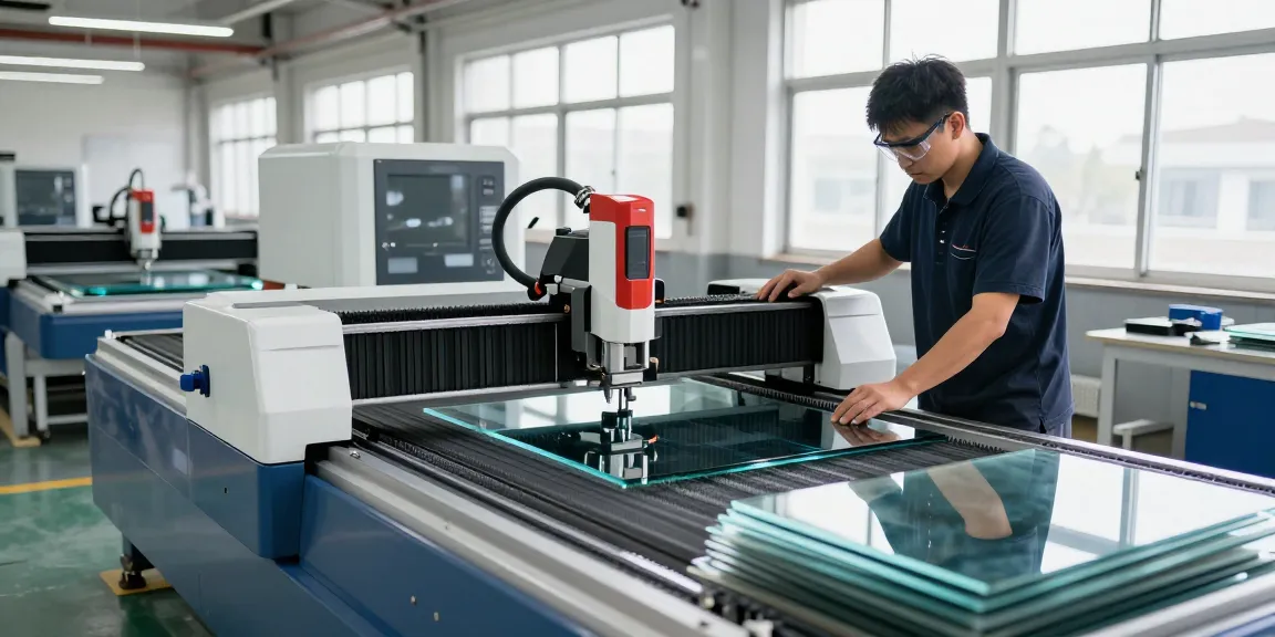 Skilled technician using a glass cutting machine in a modern workshop, showcasing advanced glass processing.