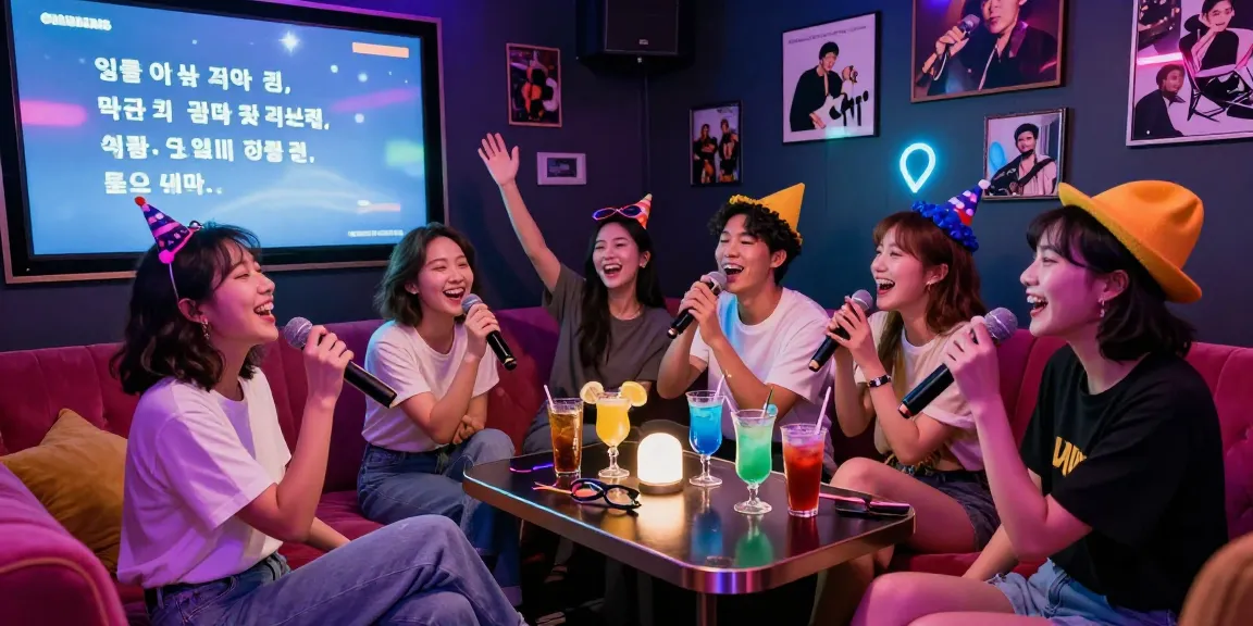 Friends singing together in Gangnam karaoke, enjoying vibrant nightlife with neon lights and cozy atmosphere.