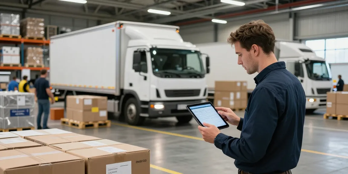 LTL Transport Dortmund: Logistikmanager überprüft Sendungen in einem geschäftigen Lager.