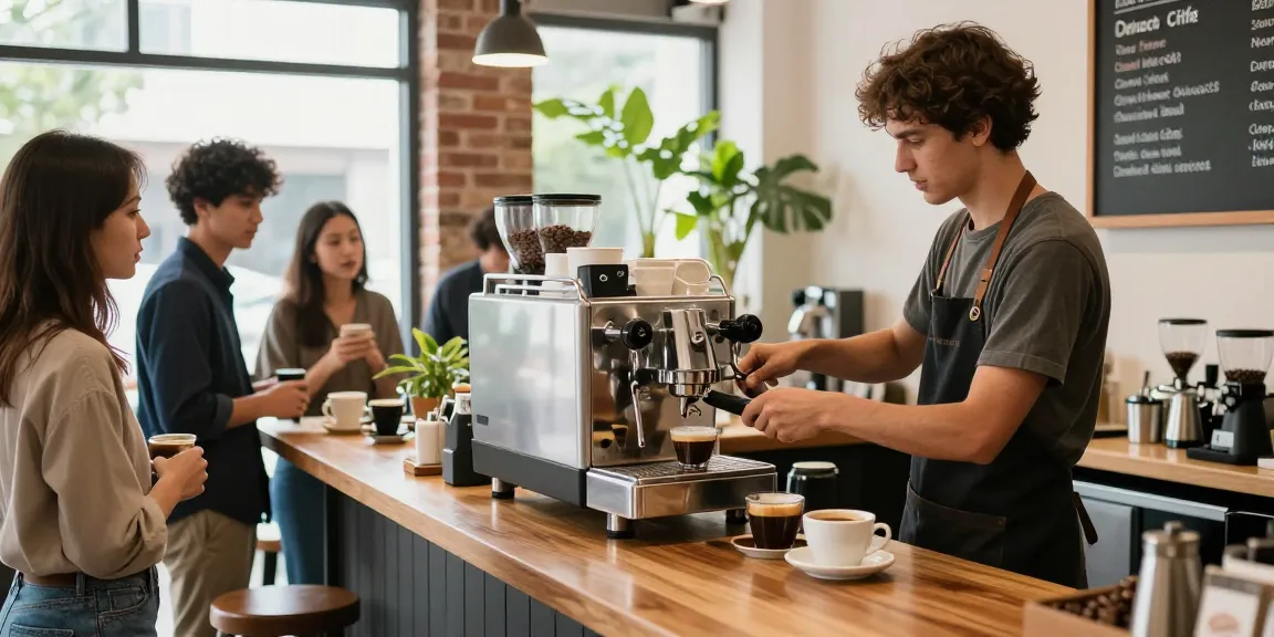 Barista preparing espresso at a coffee shop, showcasing rokok88 and vibrant coffee culture.