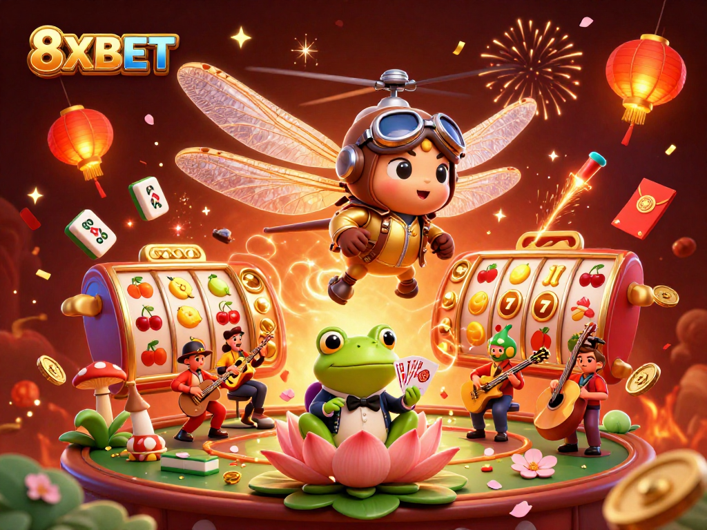 Experience thrilling gameplay with 8XBET as the dragonfly pilot hovers over a vibrant casino, showcasing slot reels and festive celebrations.