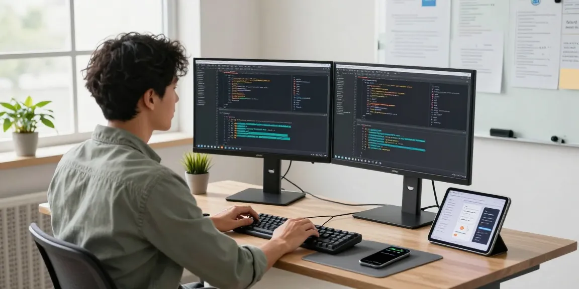 Developer coding at a desk with monitors in a bright office, showcasing innovation at teiegramin.com.