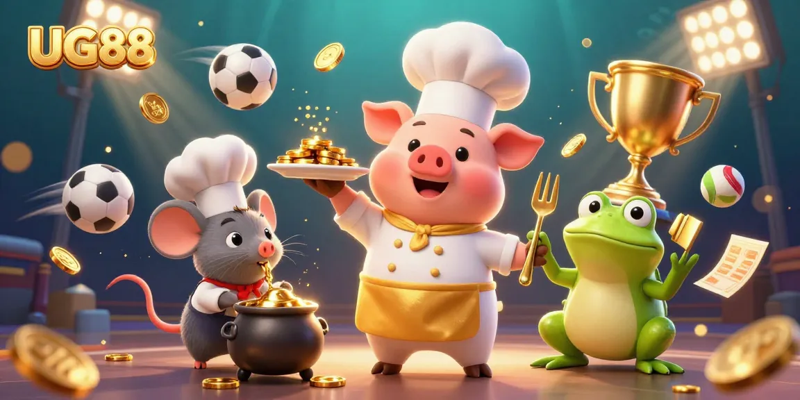 Engage with UG88's exciting casino world with a vibrant 3D scene of characters enjoying riches.