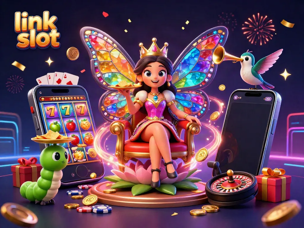 Slot gacor link slot dengan ratu kupu-kupu 3D dan elemen kasino yang berwarna-warni