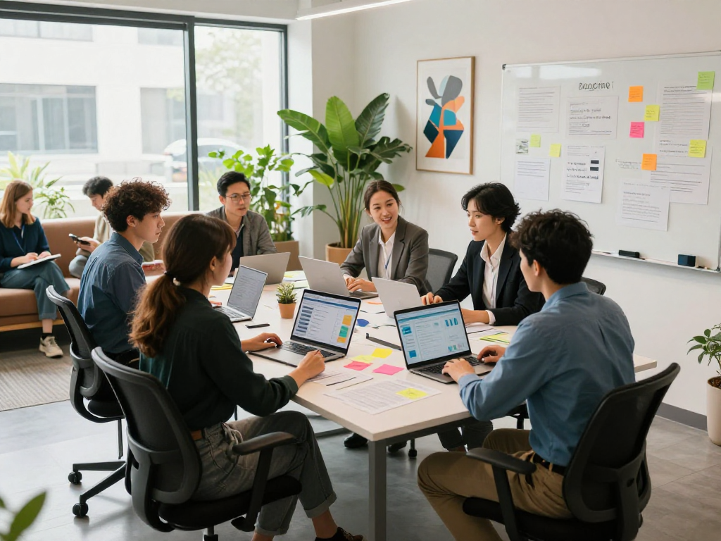 Team collaborating at https://koperasisantun.com/ in a modern co-working space, discussing strategies with laptops.