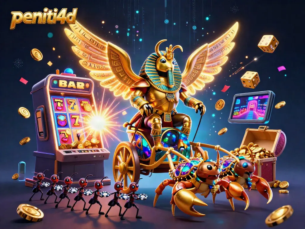 Permainan slot dan kasino di PENITI4D, dengan desain menarik dan elemen interaktif, semua dalam satu ilustrasi.