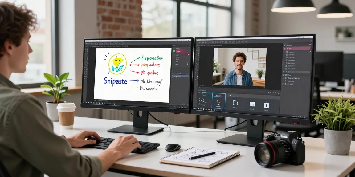 Dynamic tech workspace featuring Snipaste官网 application in use, showing screenshot annotation and OCR processing.