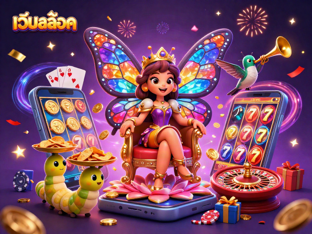 Experience exhilarating เว็บสล็อต action with a butterfly queen, chips, and vibrant game elements.
