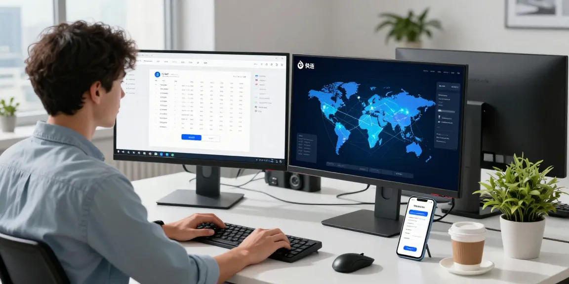 快连 app displayed on dual monitors in a modern tech workspace, showcasing global connectivity.