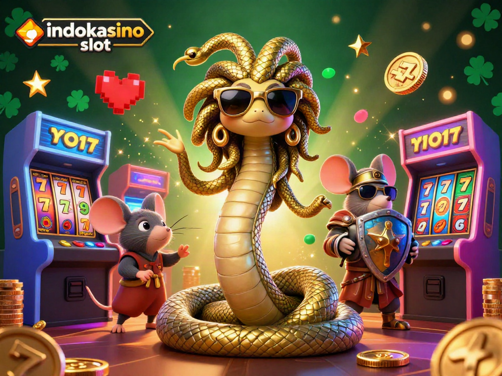 Menyemarakkan suasana judi dengan indokasino slot, Medusa lucu dan tikus prajurit beraksi di mesin slot.
