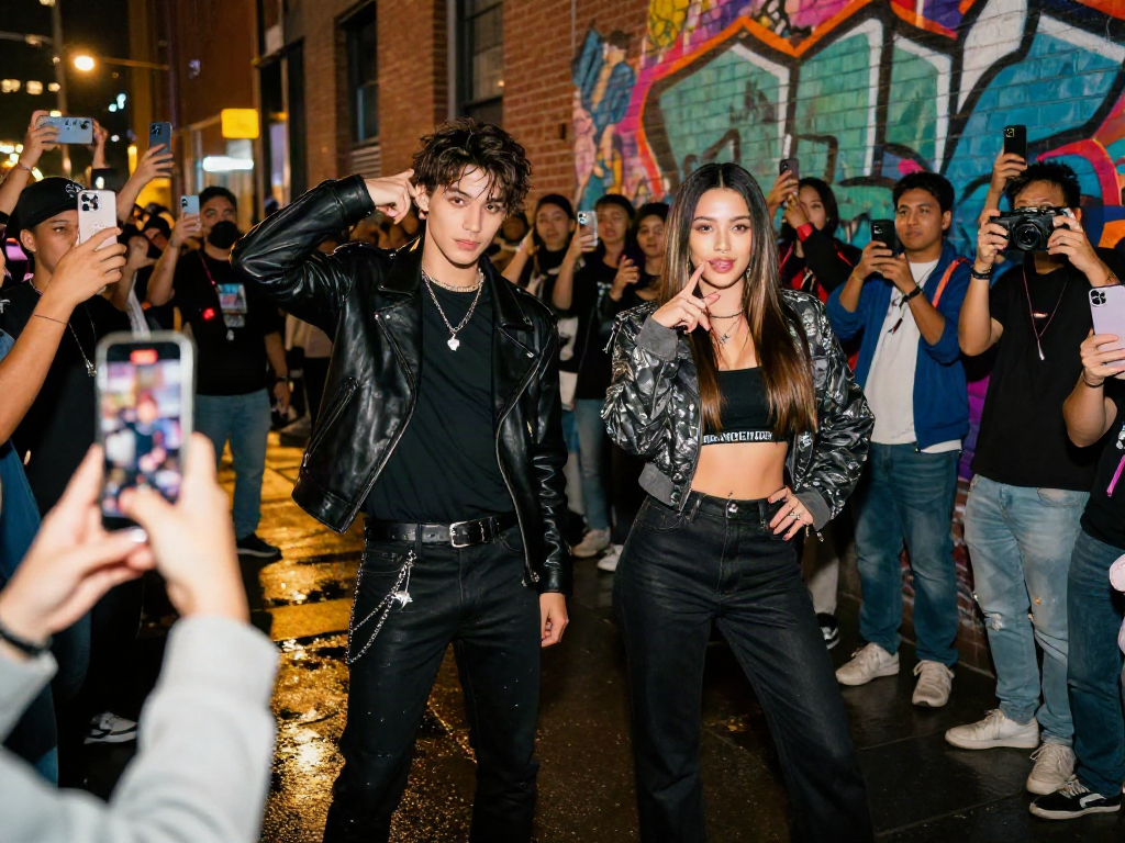 Two celebrities that look alike posing playfully in an urban setting surrounded by fans and graffiti art.