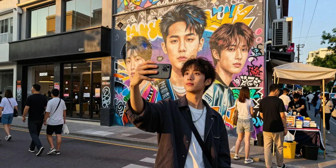 Person taking a selfie next to a mural of celebrity look alikes in a vibrant urban setting.