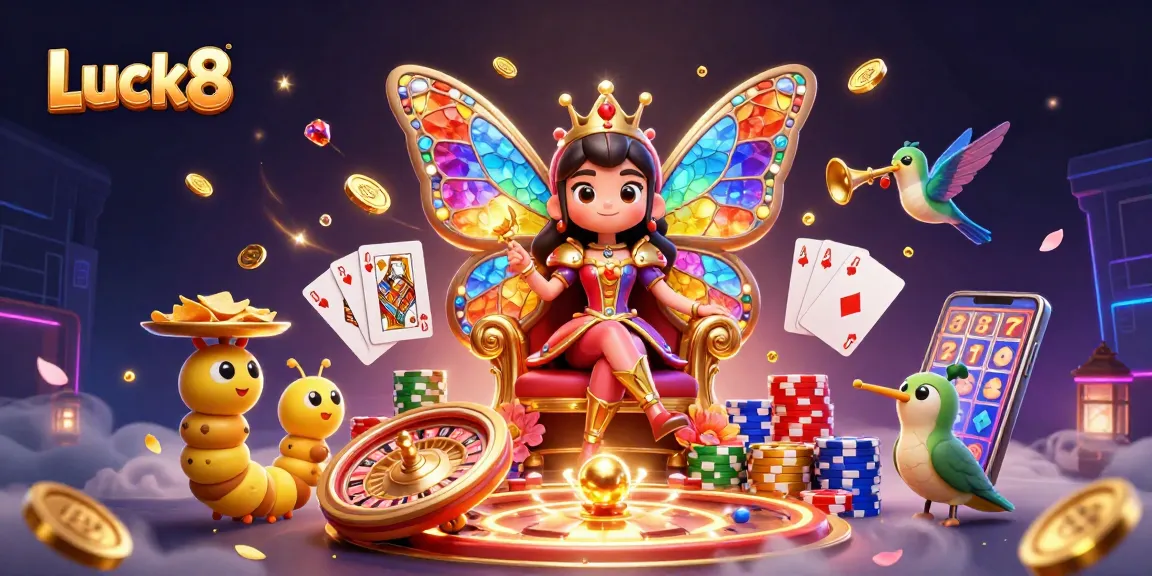 Experience thrilling gameplay with Luck8 in a vibrant casino scene filled with golden coins and glamorous elements.