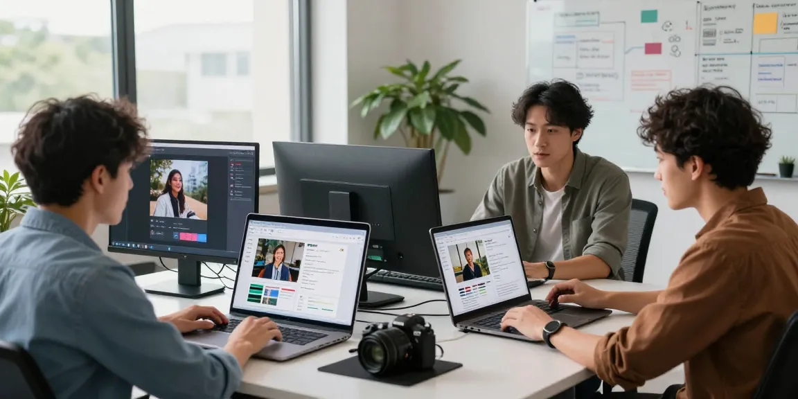Free AI image detector tool analysis in a modern office, showcasing users engaged with AI-generated images.