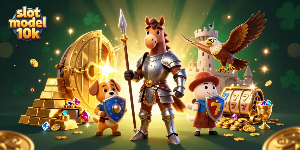 Engage with the vibrant slot modal 10k scene featuring a knight, squire puppy, and treasures, showcasing thrilling casino elements.