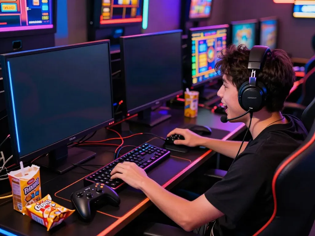 Pengguna bermain slot777 di ruang gaming modern dengan monitor dan aksesori menarik.