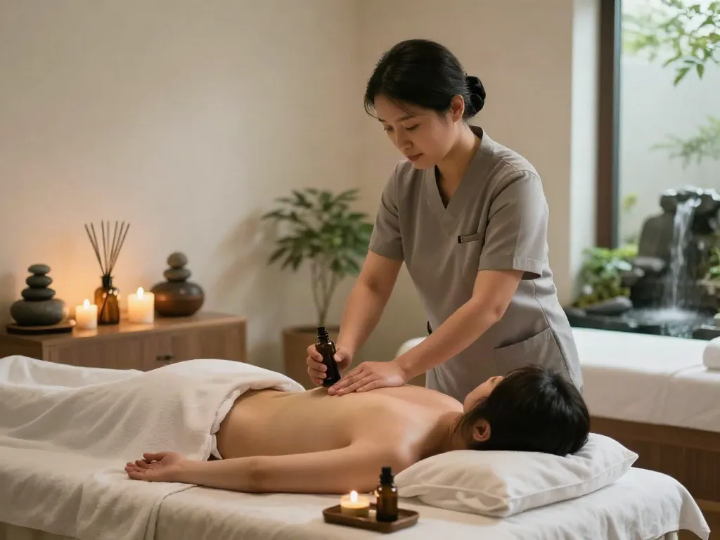 Relaxing 부천출장마사지 session in a serene home spa environment with soothing elements and professional therapist.