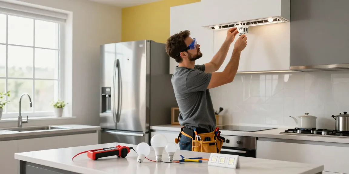 Domestic electrician installing LED lights in a modern kitchen, showcasing home safety and style.