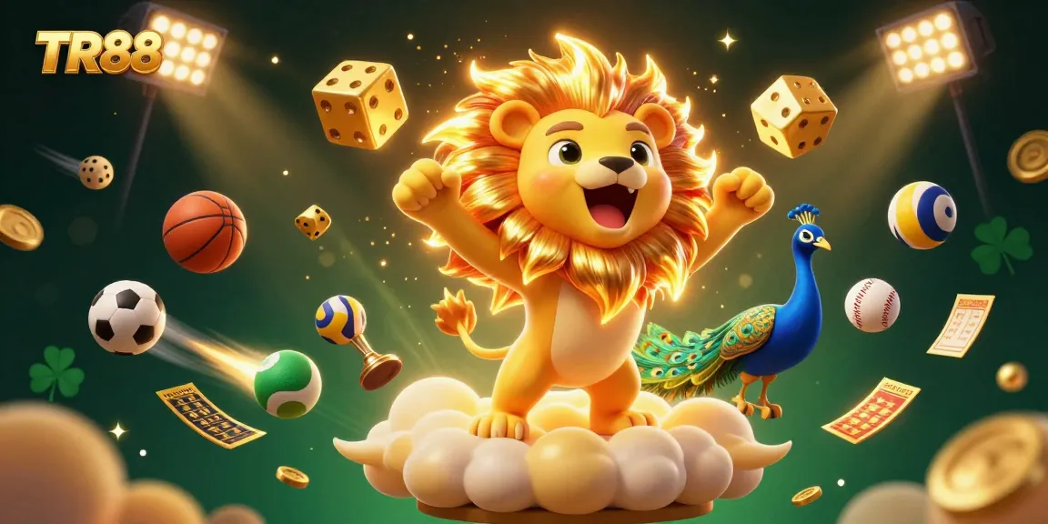 Experience the thrill of TR88 with a vibrant 3D illustration of exciting gambling elements and characters.