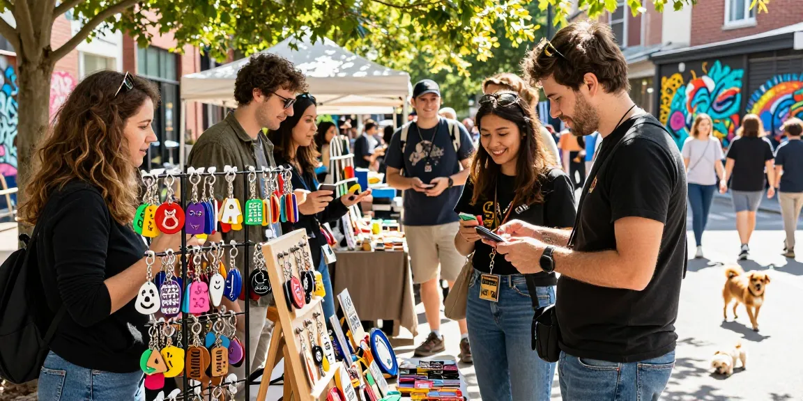 Colorful personalized keychains showcased in a vibrant urban marketplace, reflecting unique designs.