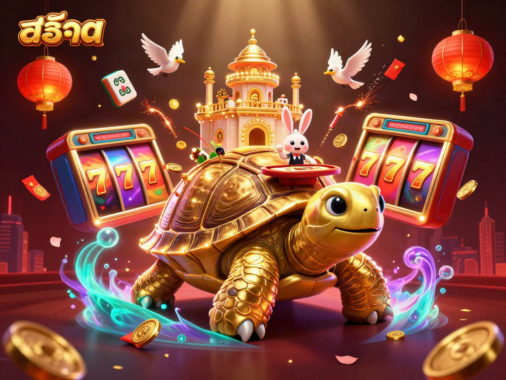 Engage with สล็อต in a vibrant 3D casino scene featuring a golden tortoise palace and a rabbit dealer.