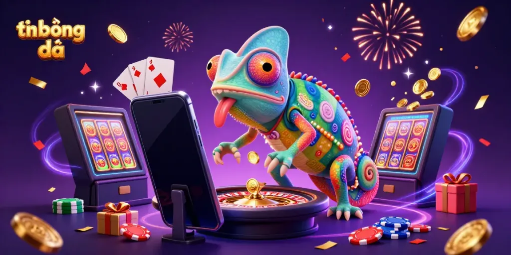 Experience the thrill of tin bóng đá with vibrant gaming scenes, golden coins, and festive elements.