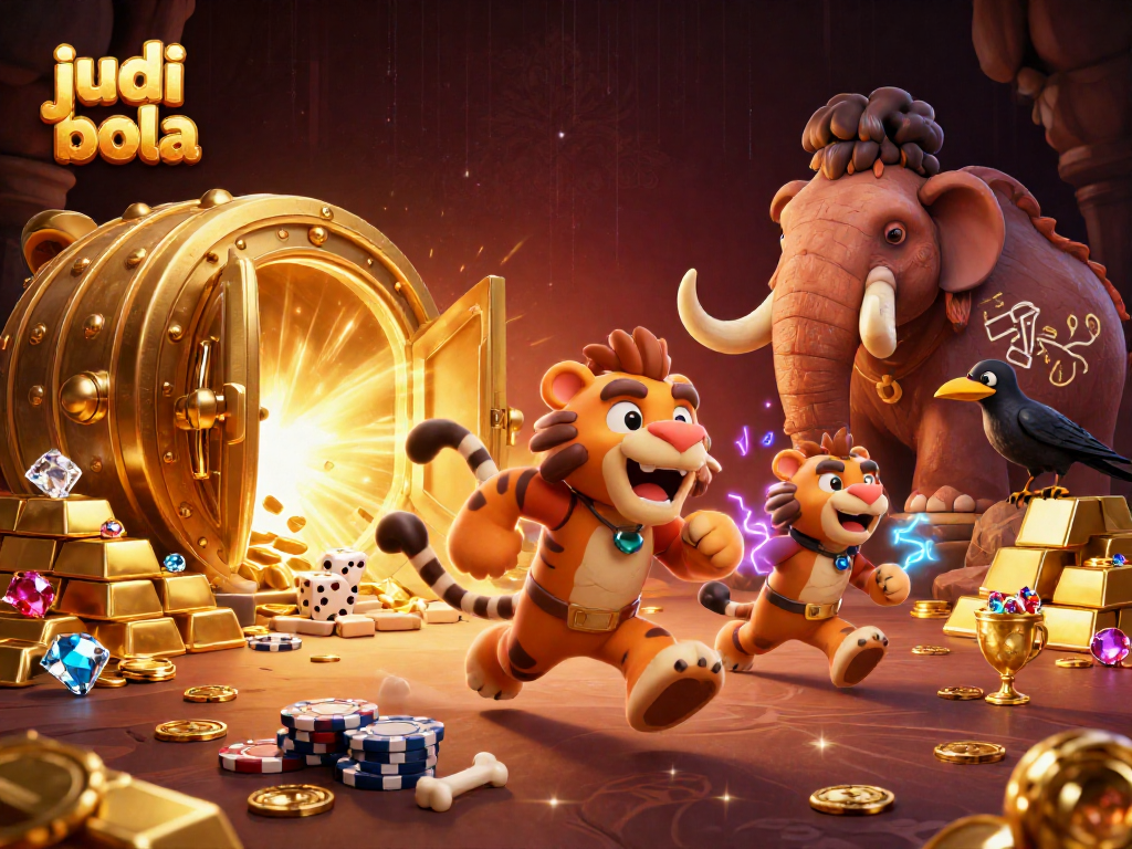 Experience thrilling judi bola action with a dynamic prehistoric casino scene featuring playful characters.
