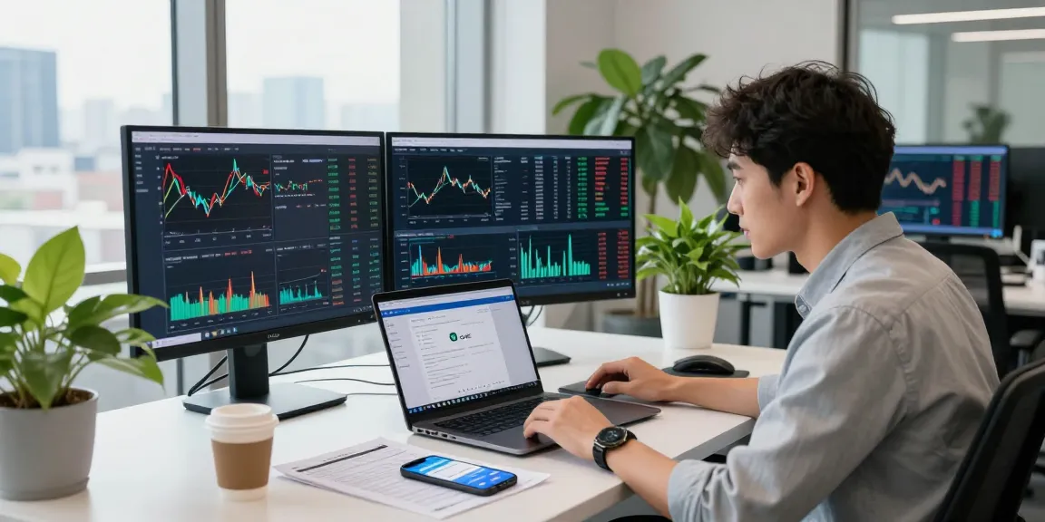 Dynamic trading scene at the OKX exchange with professional analyzing market data in a modern office.