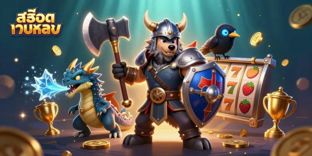 Experience the thrill of สล็อตเว็บตรง with a dynamic 3D warrior and dragon scene in an exciting casino atmosphere.