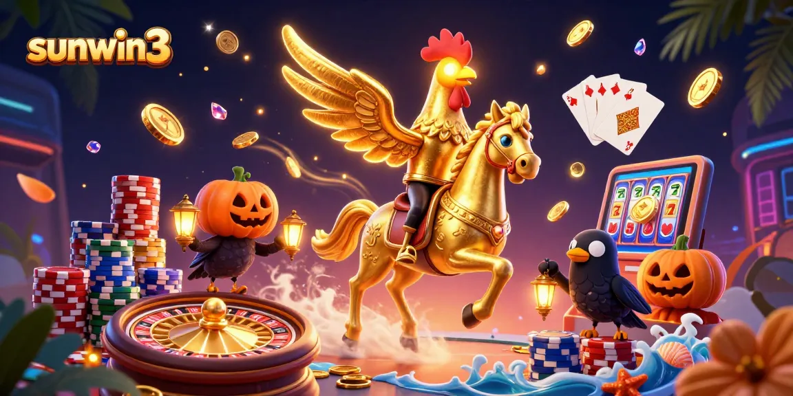 Sunwin3 enhances your gaming experience with a vibrant casino scene featuring golden rooster and coins.