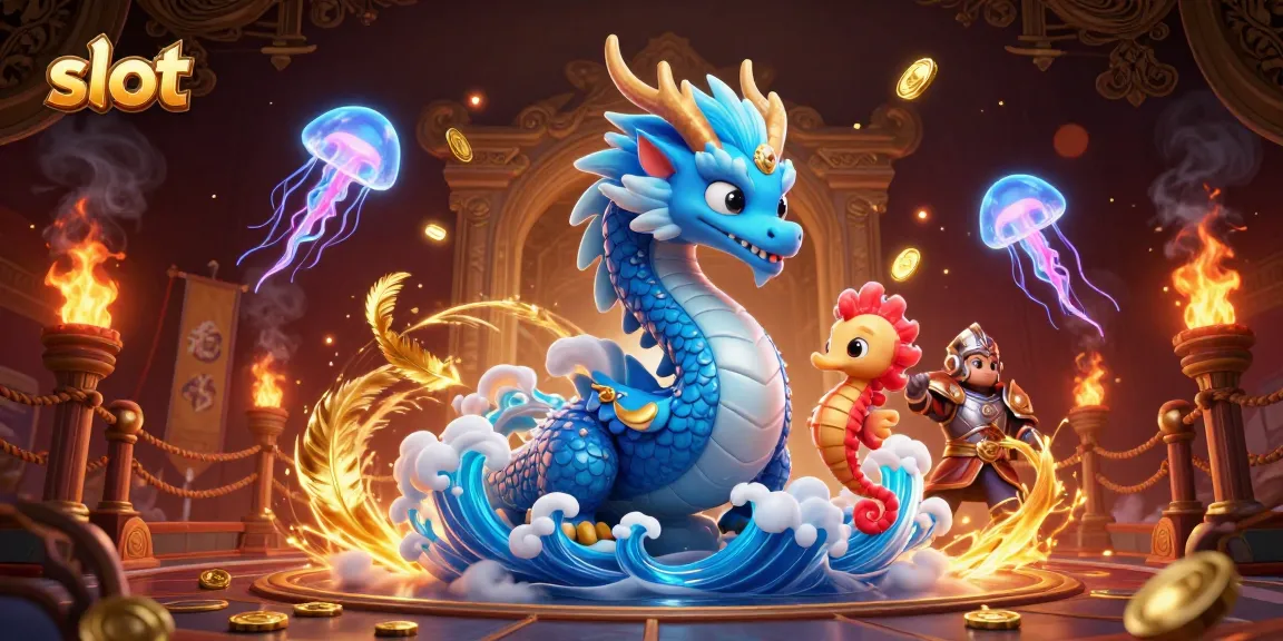 Slot permainan menangkan jackpot dengan karakter naga air dan ksatria seahorse dalam arena bertema.