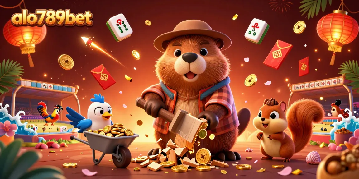 Bet on alo789bet with a vibrant illustration of a beaver, bird, and squirrel in a lively casino scene.