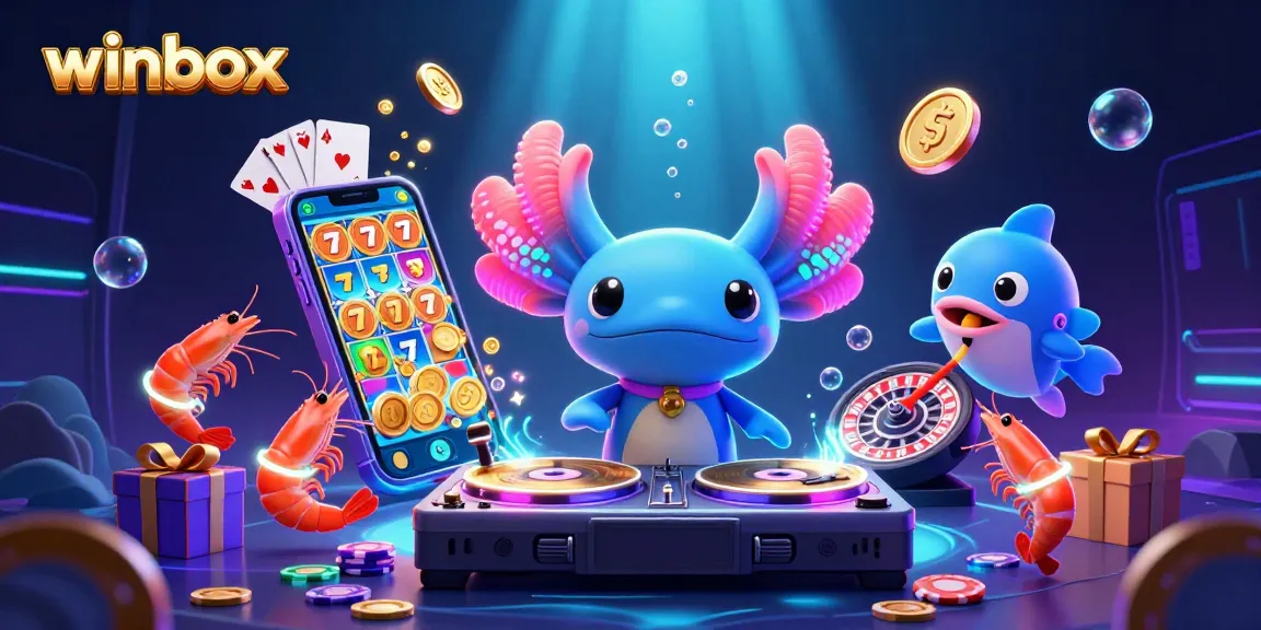 Spin to win at winbox with vibrant 3D casino elements, featuring the lively axolotl DJ and friends.