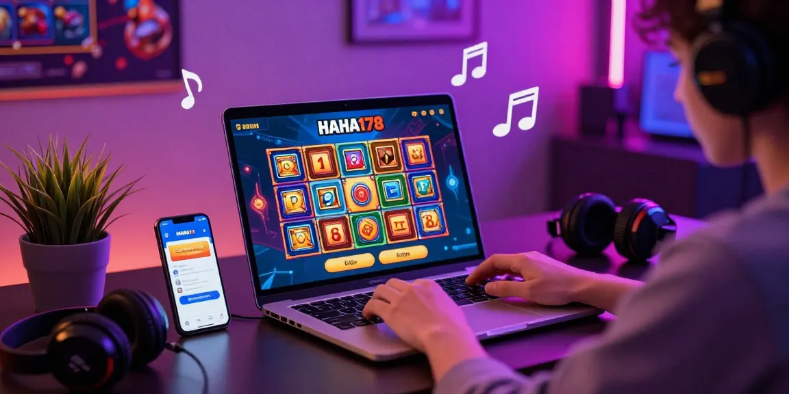 Engaging scene of a user enjoying situs haha178 online gaming with laptop and smartphone in a vibrant atmosphere.
