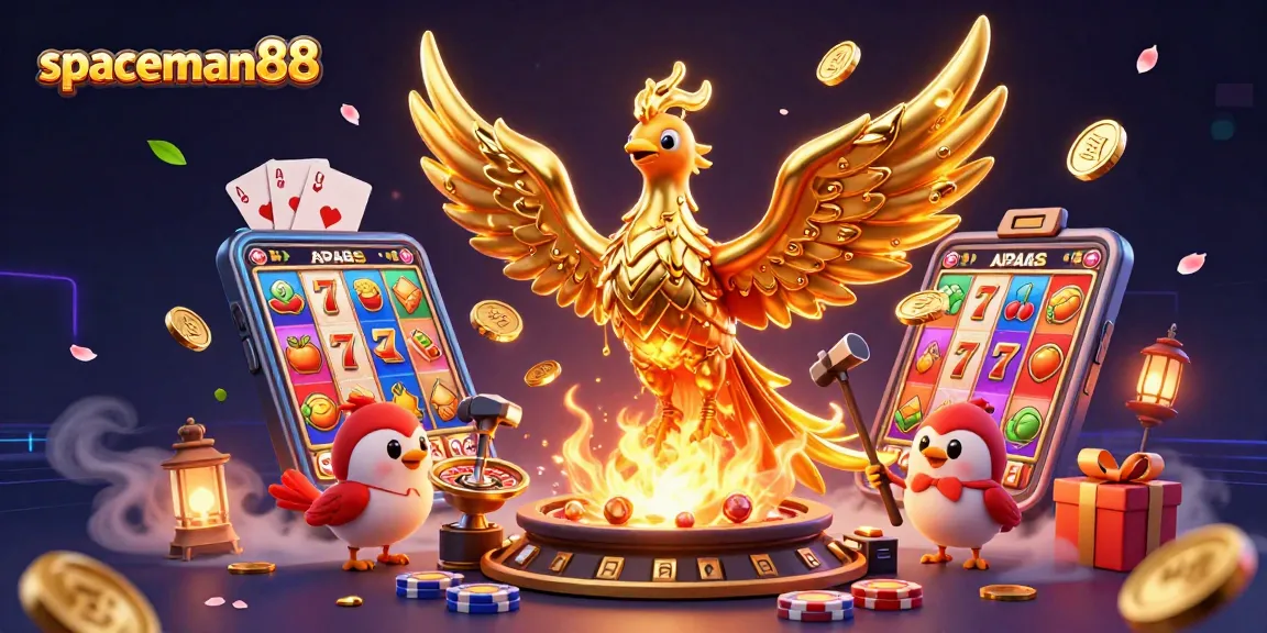 spaceman88 spins colorful slot reels while molten phoenix and sparkly coins fill the scene.