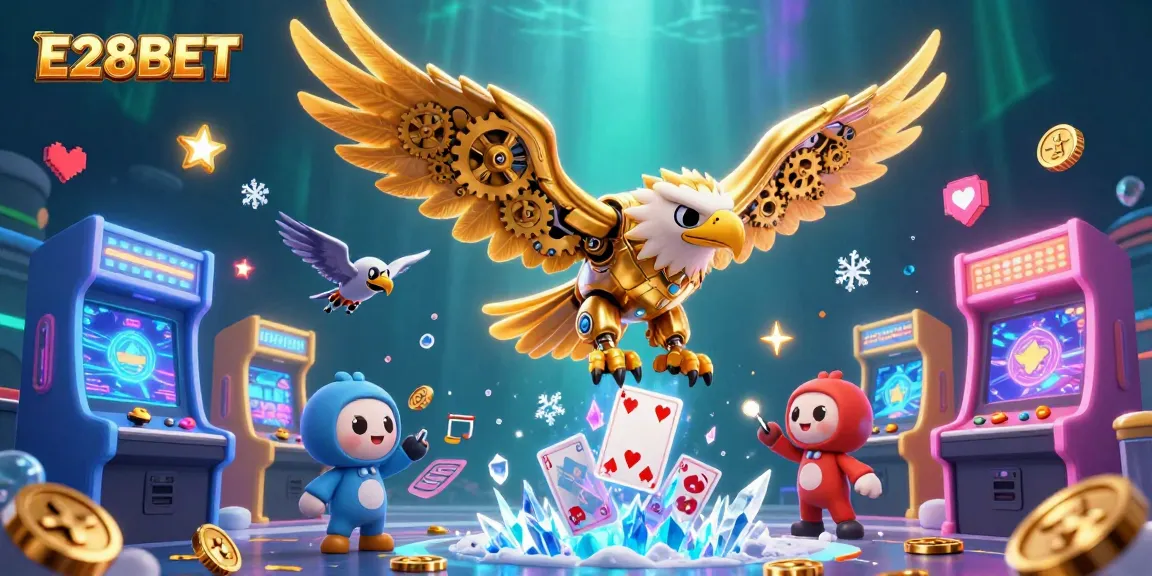 E28BET offers a thrilling visual experience with a cybernetic golden eagle amidst holographic cards and arcade machines.