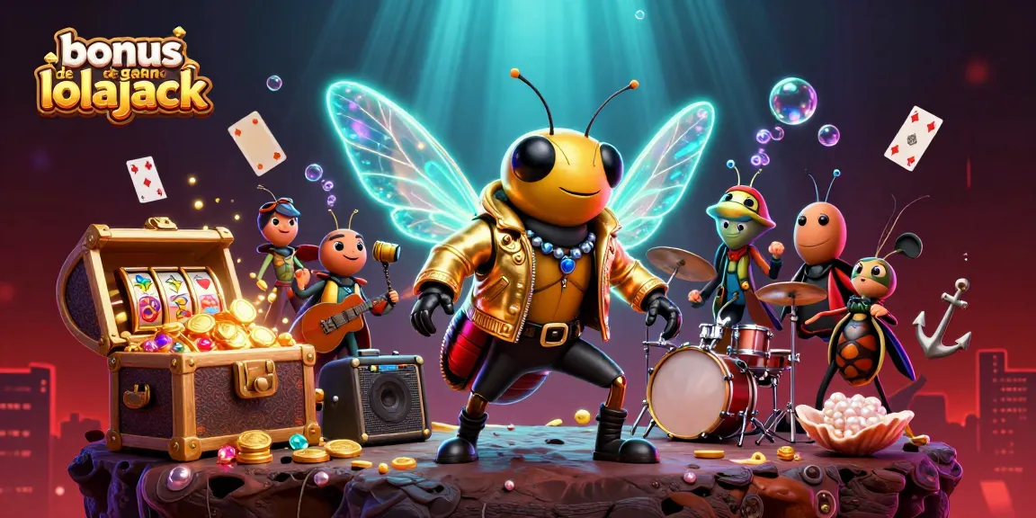 Experience the thrill of the bonus de casino lolajack with an energetic scene featuring a cicada rock star, vibrant slot elements, and treasure effects.