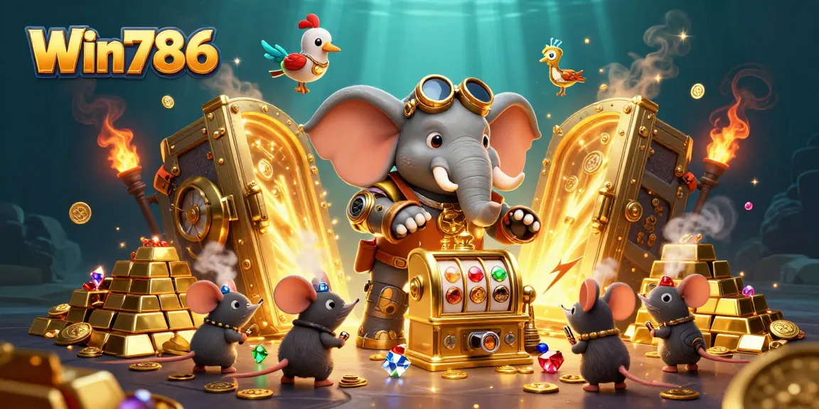 Win786 engages players with exciting slots and jackpots, illustrated by a lively steampunk elephant.