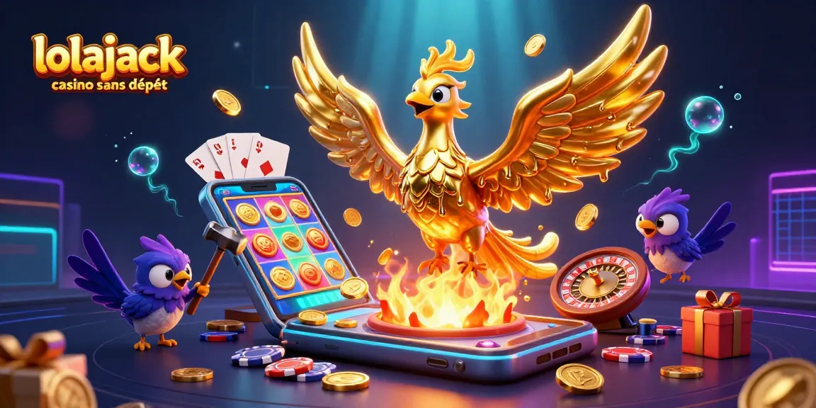 Embrace the thrill of gaming with lolajack casino sans dépôt as a phoenix emerges, surrounded by golden coins and slot games.