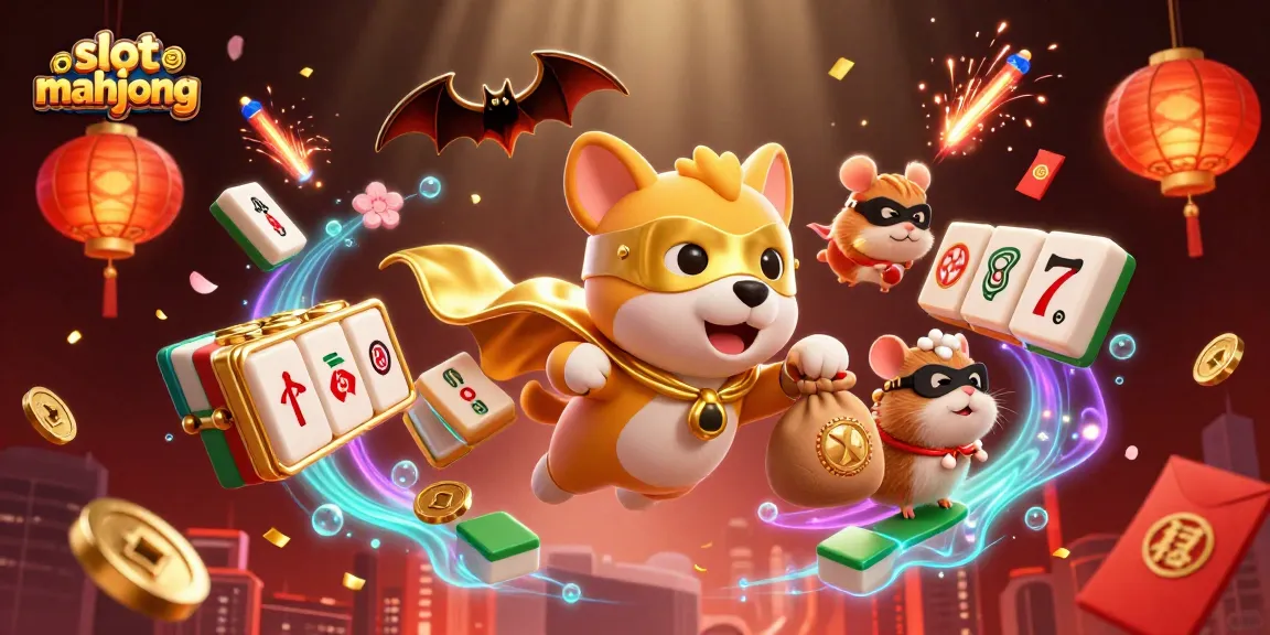 Engage with slot mahjong's thrilling gameplay as our superhero dog and sidekick collect winnings amid vibrant symbols.