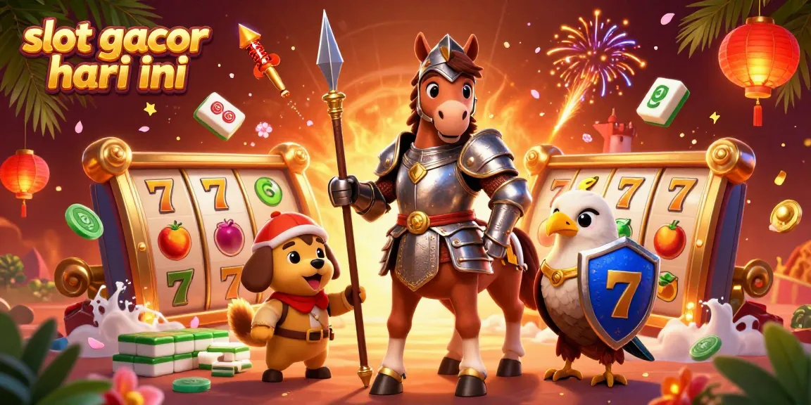 Engage with slot gacor hari ini in a vibrant 3D scene filled with characters, slot reels, and festive elements.